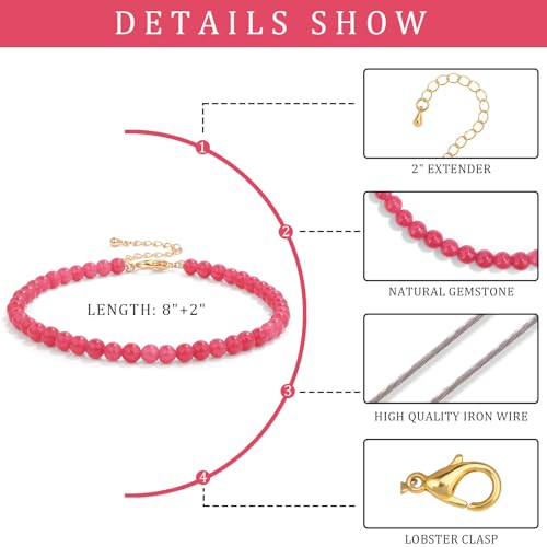 Natural Stone Beaded Anklets for Women, Handmade Boho Clear Quartz 4mm Crystal Beads Anklet, Gold Chain Adjustable Ankles Bracelet, Beach Summer Jewelry Gemstone Foot Bracelet Gift - color: Pink Tourmaline