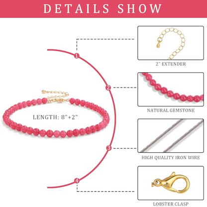 Natural Stone Beaded Anklets for Women, Handmade Boho Clear Quartz 4mm Crystal Beads Anklet, Gold Chain Adjustable Ankles Bracelet, Beach Summer Jewelry Gemstone Foot Bracelet Gift - color: Pink Tourmaline