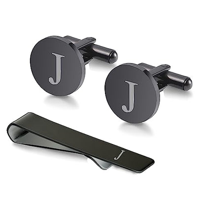WIGERLON Initial Cufflinks and Tie Clip Set for Men,Stainless steel Letter Cuff Links and Tie Bar Set gift for Father Husband Son Boyfriend - style: J-Black