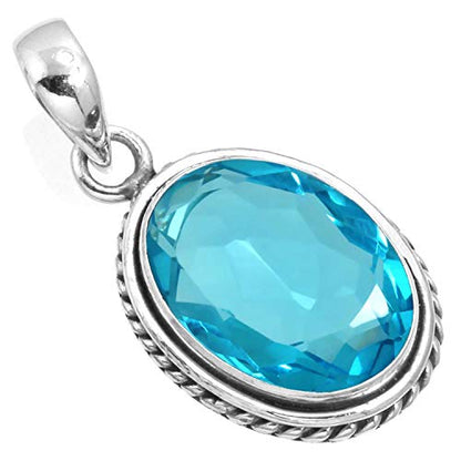 Chunky Natural Gemstone Pendant Necklace For Women Onyx, Turquoise, Amber, Garnet Oval Boho Genuine 925 Sterling Silver Handmade Jewelry - color: Blue Quartz