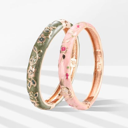 UJOY Cloisonne Bracelet Butterfly Hinge Indian Cuff Bangle Enameled Jewelry Flower Bracelets for Women Gift Box 55A114 - color: 2 Pcs/Set-A82-Green and Pink