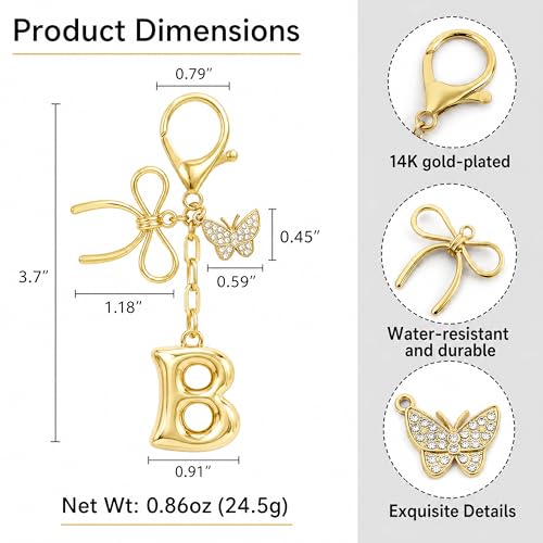Gold Bubble Heart, Cherry, Bow & More Designs Letter Initial Keychain Bag Charms – Cute Purse Charms for Handbags - color: Bow & Butterfly, style: B