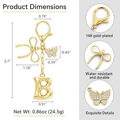 Gold Bubble Heart, Cherry, Bow & More Designs Letter Initial Keychain Bag Charms – Cute Purse Charms for Handbags - color: Bow & Butterfly, style: B