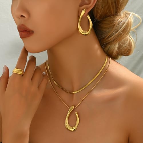 5PCS Gold Plated Jewelry Set for Women Valentine Anniversary Birthday Friendship Holiday Gift,Stainless Steel Necklace Earrings Ring Set