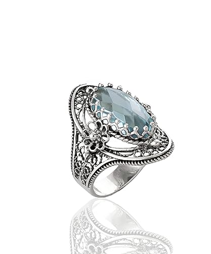 Filigranist 925 Sterling Silver Handcrafted Filigree Art Flower Pattern Woman Oval Statement Ring, Gift Boxed - color: Blue Topaz