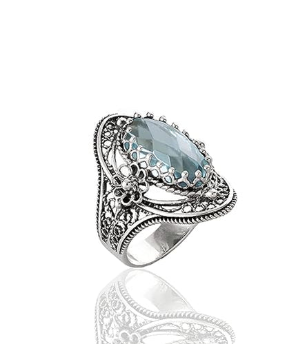 Filigranist 925 Sterling Silver Handcrafted Filigree Art Flower Pattern Woman Oval Statement Ring, Gift Boxed - color: Blue Topaz