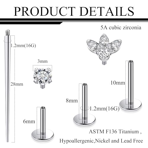 Titanium Flat Back Lip Rings Internally Threaded Earrings Studs Nose Rings 16G Opal CZ Tragus Cartilage Lobe Rook Helix Conch Labret Medusa Piercing Jewelry for Women Men W Piercing Taper Set - style: Four CZ