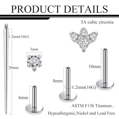 Titanium Flat Back Lip Rings Internally Threaded Earrings Studs Nose Rings 16G Opal CZ Tragus Cartilage Lobe Rook Helix Conch Labret Medusa Piercing Jewelry for Women Men W Piercing Taper Set - style: Four CZ
