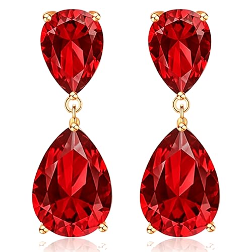 Teardrop Crystal Drop Earrings for Women, 14K Gold Plated Large Double Teardrop Dangle Earrings,Rhinestone Earrings for Wedding Prom Bridesmaid Party,Emerald/Red/Blue/Black/Pink/White Statement Earrings - color: red
