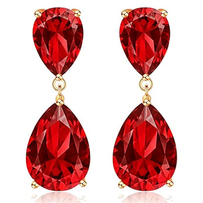 Teardrop Crystal Drop Earrings for Women, 14K Gold Plated Large Double Teardrop Dangle Earrings,Rhinestone Earrings for Wedding Prom Bridesmaid Party,Emerald/Red/Blue/Black/Pink/White Statement Earrings - color: red