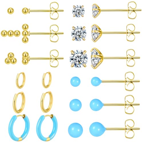 12 Pairs Stud & Hoop Earrings Set for Women 2-5mm Colorful Ball & Cubic Zirconia Stud earrings 8/10/12mm Hoop Earrings Hypoallergenic Stainless Steel Jewelry Gift Collection - color: light blue