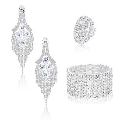Rhinestone Bridal Jewelry Set for Women Earrings Bracelet Ring | Sparkling Rhinestone, Stretch Bracelet Ring, Dangle Tassel Earrings Set, Costume Jewelry, Rhinestone Jewelry Set for Women - style: Set 2