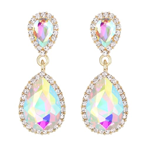 EVER FAITH Women's Austrian Crystal Wedding Tear Drop Dangle Earrings | Bridal Prom Jewelry for Bride Bridesmaid - color: Iridescent AB Gold-Plated-Base