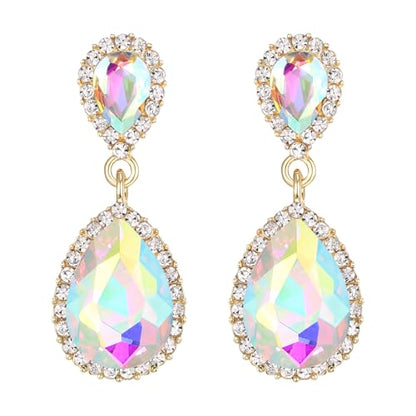 EVER FAITH Women's Austrian Crystal Wedding Tear Drop Dangle Earrings | Bridal Prom Jewelry for Bride Bridesmaid - color: Iridescent AB Gold-Plated-Base