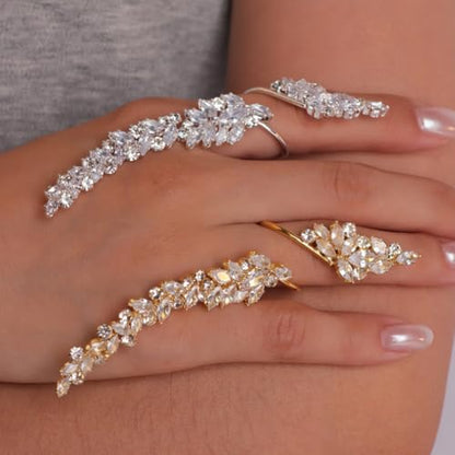 Rhinestone Finger Ring for Women Sparkly Crystal Butterfly Flower Leaf Adjustable Statement Chain Rings Punk Jewelry - color: silver leaf