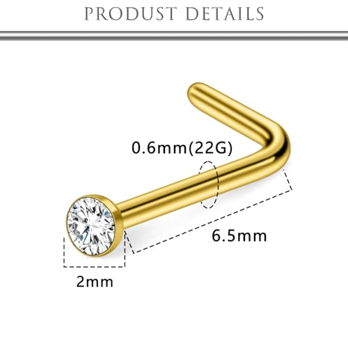 Hoeudjo Nose Studs Surgical Steel Cubic Zirconia Nose Rings Kit for Women Men Tiny Nose Stud Bone & Screw & L Shaped Nostril Piercing Jewelry 18/20/22/24 Gauge 10 Pieces - color: gold-tone,L-shaped nose studs, size: 22g/2mm clear CZ