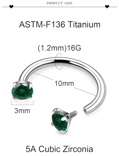 16G F136 Titanium Internal Thread Horseshoe Septum Nose Ring Piercing Jewelry Circular Barbell Helix Snug Tragus Rook Daith Cartilage Earring Lip Ring Piercing Jewelry for Women Men 8MM 10MM - style: 16G, 10MM Length, Green CZ