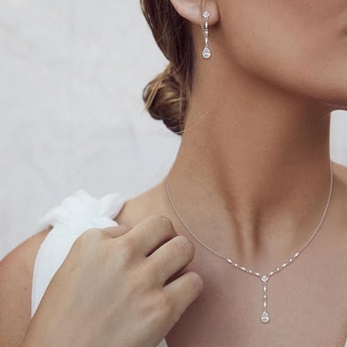 EVER FAITH Gorgeous Cubic Zirconia Jewelry Set Elegant Rhombic Birthstone Teardrop Wedding Prom Choker Necklace Dangle Earrings Sets for Women