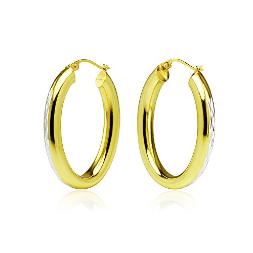 Hoops & Loops 925 Sterling Silver 4.5mm Thick Oval Diamond-Cut Hoop Earrings, 25mm 30mm, Silver, Yellow Gold, Rose Gold & Black - color: Yellow Gold 25mm-1''