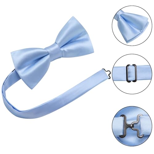 Hi-Tie 5Pcs Mens Solid Color Silk Tie Satin Pretied Bowtie Lapel Pin for Men Handkerchief Cufflink Wedding Gift Box - color: Baby Blue