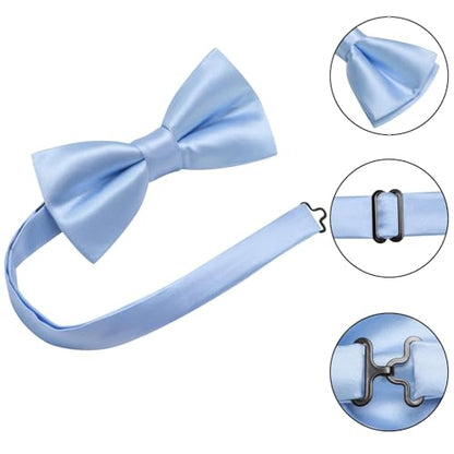 Hi-Tie 5Pcs Mens Solid Color Silk Tie Satin Pretied Bowtie Lapel Pin for Men Handkerchief Cufflink Wedding Gift Box - color: Baby Blue