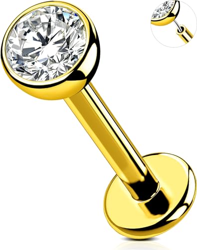 OUFER 2Pcs 20G/18G/16G G23 Titanium Threadless Nose Stud Earrings Flat Back Tiny CZ Small Nose Helix Cartilage Tragus Conch Labret Medusa Monroe Piercing Jewelry for Women Men - color: Gold, size: 1pcs, 16g 10mm, 4mm cz
