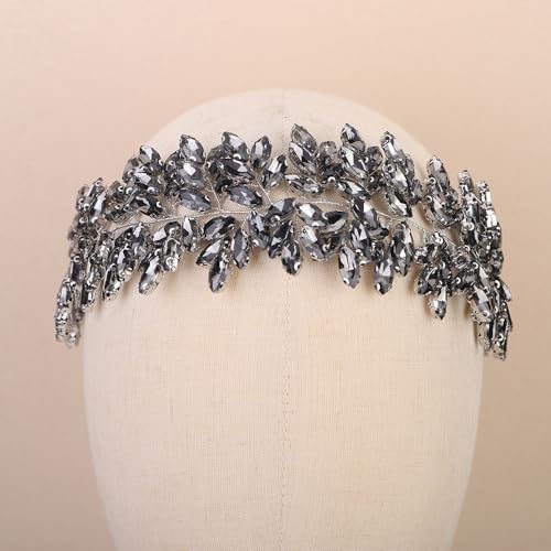 Missgrace Women Silver Green Black Red Blue Handmade Full Crystal Rhinestone Large Headband Hair Vine Shinny Headpiece Bridal Wedding Hair Accessories for Women (Grey) - color: Grey