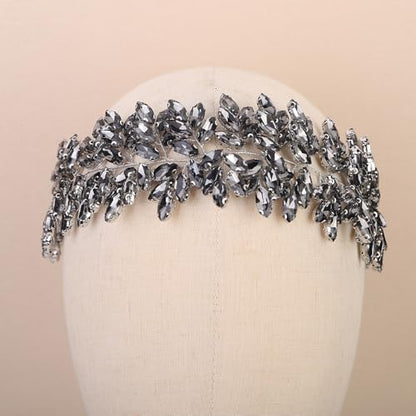 Missgrace Women Silver Green Black Red Blue Handmade Full Crystal Rhinestone Large Headband Hair Vine Shinny Headpiece Bridal Wedding Hair Accessories for Women (Grey) - color: Grey