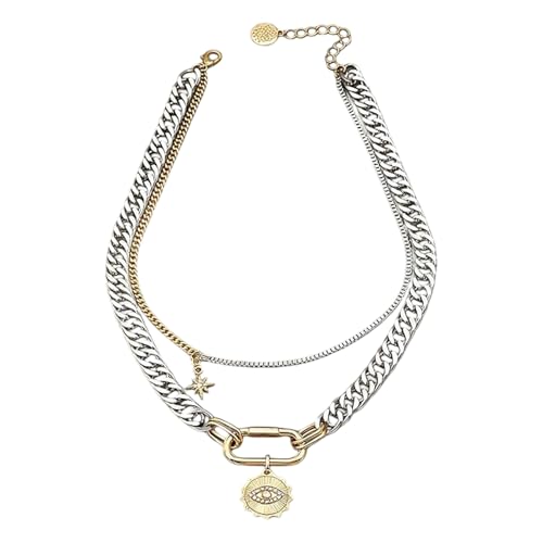 Mixed Metal Stack for Women, Multi Layered Two Tone Gold and Silver Coin Pendant Paperclip Stacked Necklace with Star and Celestial Charms, Chunky Trendy Statement Jewelry Gifts - color: Silver