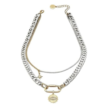 Mixed Metal Stack for Women, Multi Layered Two Tone Gold and Silver Coin Pendant Paperclip Stacked Necklace with Star and Celestial Charms, Chunky Trendy Statement Jewelry Gifts - color: Silver