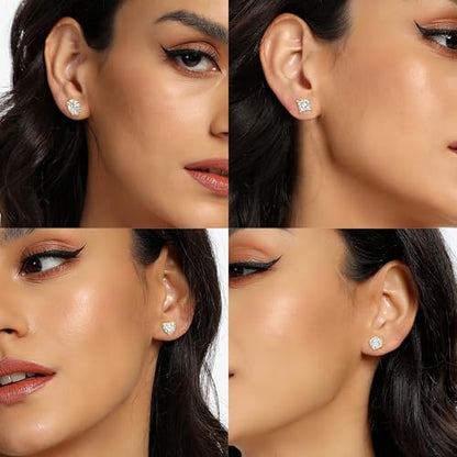 CZ Stud Earrings Set 4 Pairs, Multiple Shapes - Round Heart Princess Cut Oval Clear Cubic Zirconias, White Gold/Rose Gold/Gold - color: Gold