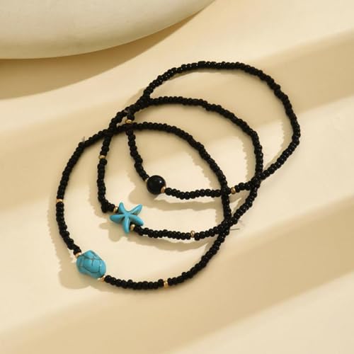 Boho Shell Anklets for Women, 3-Pack Layered Waterproof Ankle Bracelet, Seashell & Starfish Bead Foot Jewelry for Summer Beach Outfits - color: Starfish Black
