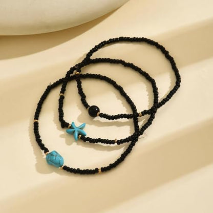Boho Shell Anklets for Women, 3-Pack Layered Waterproof Ankle Bracelet, Seashell & Starfish Bead Foot Jewelry for Summer Beach Outfits - color: Starfish Black