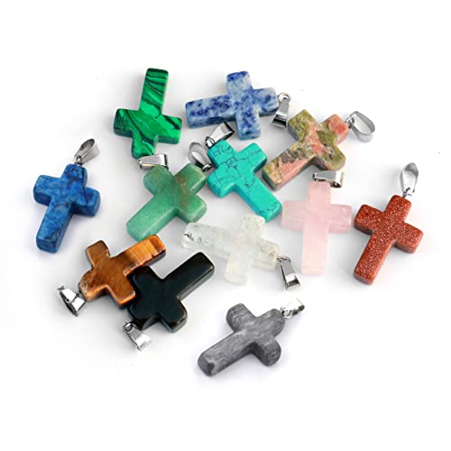12PCS Natural Stone Cross Pendant Gemstone Charms Bulk for Jewelry Making | Healing Crystal Quartz Chakra Reiki Gemstone Pendants Charms Bulk for Necklace Craft - color: Assorted Color Cross