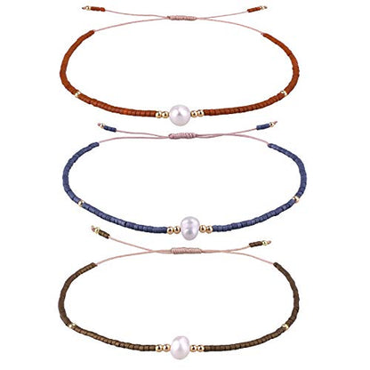 KELITCH 3 PCS Natural Pearls Bracelets Women Strand Thin Rope Friendship Bracelets Handmade Stack Charm Bracelets - color: 02R