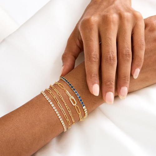 MFRYK Gold/Silver Bracelets For Women,Trendy 14k Gold/Silver Plated lightweight Dainty Chunky Thin Cuban Link Paperclip Chain Tennis Bangle Bracelets Stack Set,Ring Hand Chain Bracelet,Gold Jewelry Gift For Women Fashion Accessories - style: 5Pcs tennis p