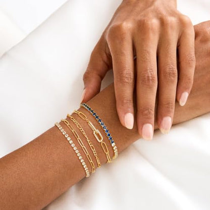 MFRYK Gold/Silver Bracelets For Women,Trendy 14k Gold/Silver Plated lightweight Dainty Chunky Thin Cuban Link Paperclip Chain Tennis Bangle Bracelets Stack Set,Ring Hand Chain Bracelet,Gold Jewelry Gift For Women Fashion Accessories - style: 5Pcs tennis p