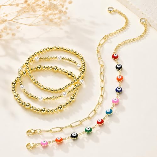 XUANPAI Evil Eye Bracelet for Women, 14K Gold Plated Beaded Bracelet Set | 5PCS Stackable Dainty Nazar Bracelet, Adjustable Turkish Eye Good Luck Protection Jewelry Gift for Mother’s Day Birthday - color: Multicolor