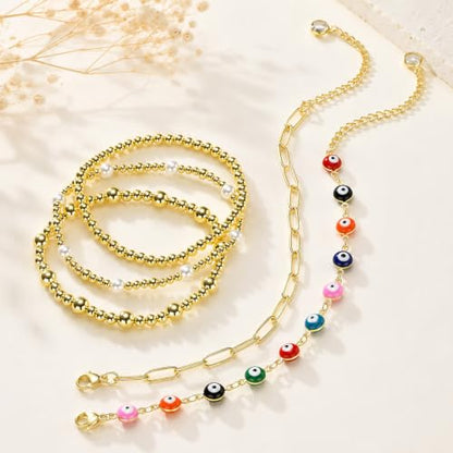 XUANPAI Evil Eye Bracelet for Women, 14K Gold Plated Beaded Bracelet Set | 5PCS Stackable Dainty Nazar Bracelet, Adjustable Turkish Eye Good Luck Protection Jewelry Gift for Mother’s Day Birthday - color: Multicolor