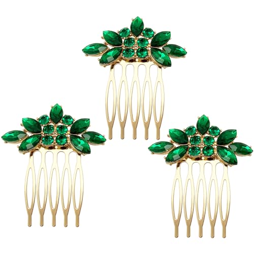 Bridal Crystal Hair Piece with Comb 3 Pieces Small Rhinestone Wedding Gold Hair Pins Accessories for Women Girls (Green) - color: Green