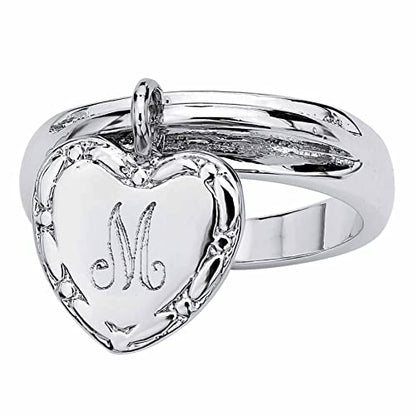 PalmBeach Silvertone Heart Charm Engraved Initial Signet Ring Sizes 6-9 Size 9