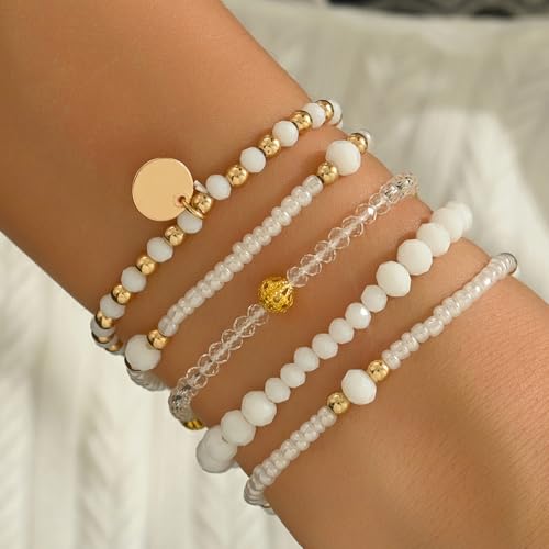 Bohemian Handmade Crystal Seed Beads Disc Pendant Colorful Multilayered Elastic Bracelets Stackable Stretch Strand Bangles Friendship Summer Beach Jewelry for Women - color: white