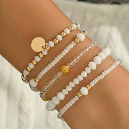 Bohemian Handmade Crystal Seed Beads Disc Pendant Colorful Multilayered Elastic Bracelets Stackable Stretch Strand Bangles Friendship Summer Beach Jewelry for Women - color: white