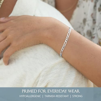 KISPER Solid 925 Sterling Silver Chain Bracelet for Men 5mm | Made in Italy, anti-tarnish, waterproof, hypoallergenic, nickel-free, 6.5-9 inches, cuban curb figaro links - size: 8 inches (Medium)