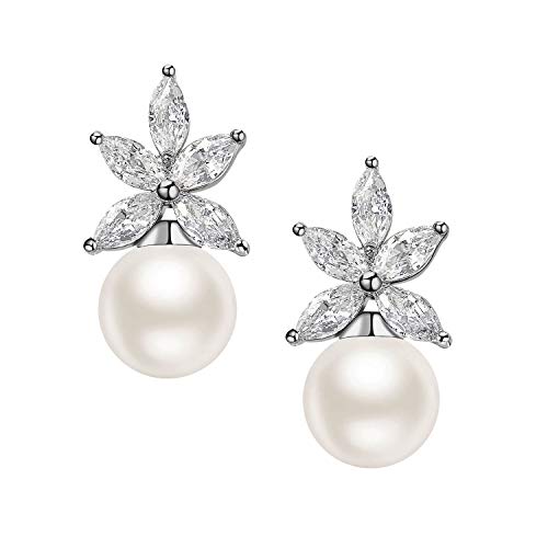SWEETV Cubic Zirconia Pearl Drop Wedding Earrings for Brides, Ivory Bridal Pearl Earrings for Bridesmaid Jewelry Gift - color: 04.Style 4