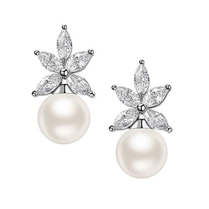 SWEETV Cubic Zirconia Pearl Drop Wedding Earrings for Brides, Ivory Bridal Pearl Earrings for Bridesmaid Jewelry Gift - color: 04.Style 4