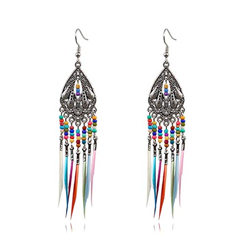 Set Bohemian Tassel Beaded Flower Drop Dangle Earrings Feather Ethnic Retro Boho Dangle Earring Beads for Women Jewelry for Gifts Vintage Rainbow Colorful - color: waterdrop silver