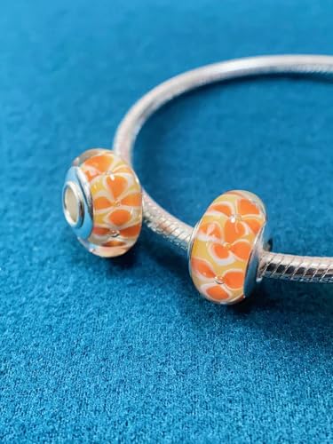 2pcs Authentic 925 Silver Murano Glass Flower Charms for Pandora Bracelets - color: 06-Orange flowers