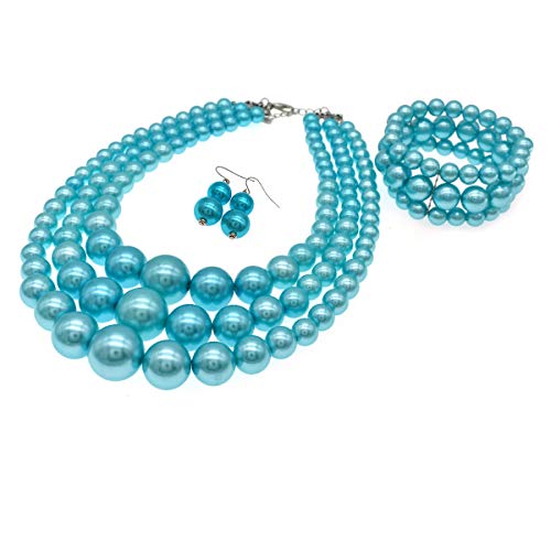 JNF Faux Pearl Statement Necklaces Big Beaded Necklace for Women Chunky Pearls Necklace and Earring Set Large beads Costume Necklace - color: Sky Blue pearl necklace