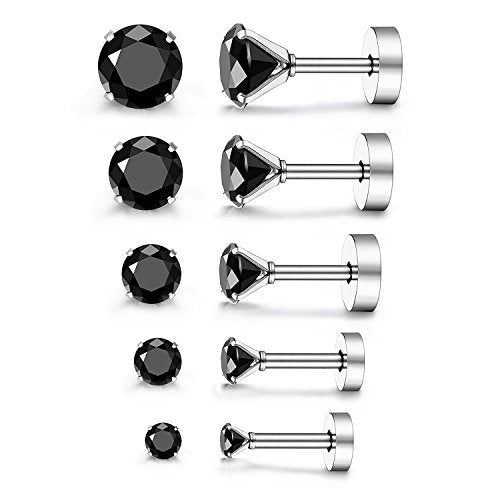 JewelrieShop Cartilage Tragus Earring Stainless Steel Stud Piercing Earring Flat Back Earrings Stud Flatback Screw Back Earrings for Women Men (16G, 6mm Bar Length, 3mm-7mm CZ, 5 Pairs) - color: 02. Steel with Jet Black CZ